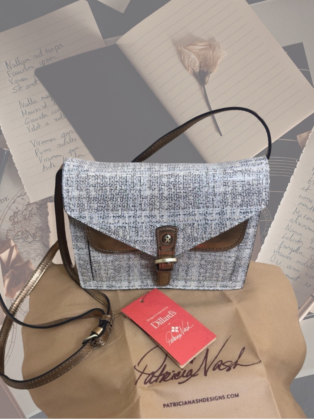 Women PATRICIA NASH Leather Classic Academia style Herringbone Crossbody Bag